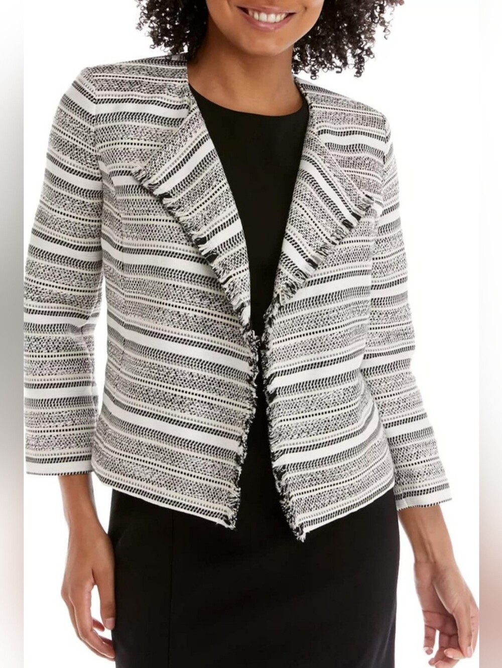 Kasper Black and White Textured Fringe Open-Front Blazer